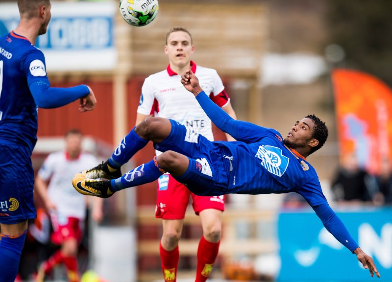 Erikson Spinola Lima med 1-1-målet mot Levanger i 2018. Foto: Jon Olav Nesvold / BILDBYRÅN